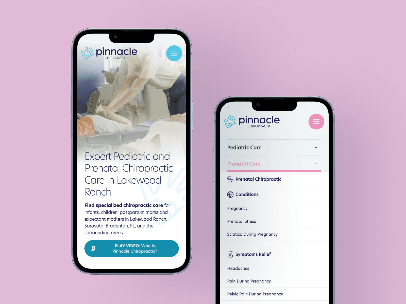 Pinnacle Chiropractic mobile website — hero & navigation